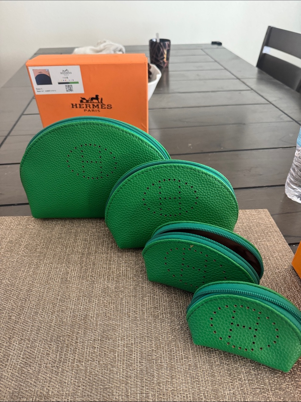 Green Leather Zip Pouch Set - 4 Piece